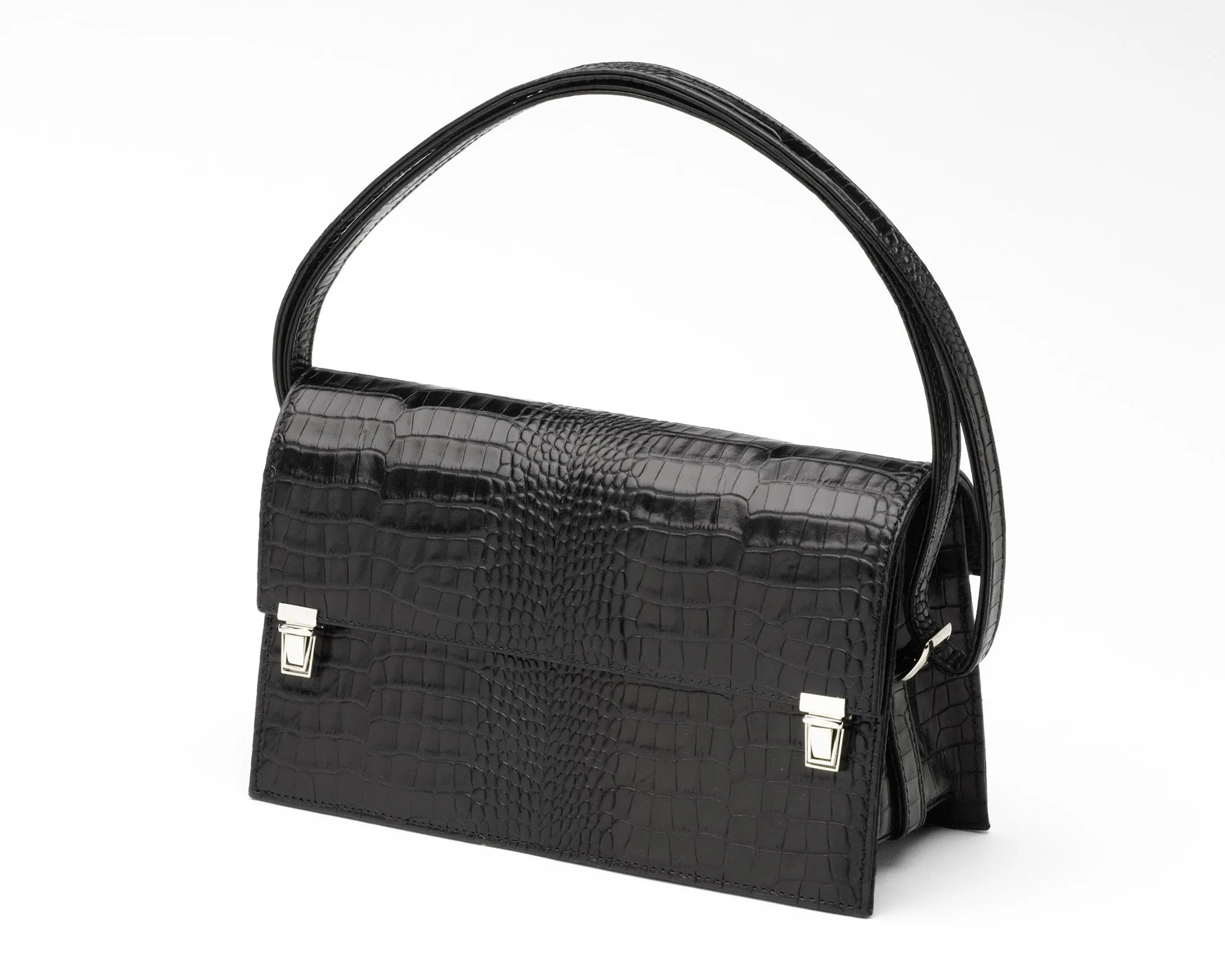 Quoin Handbag - Medium - Black Croc with additional Flap