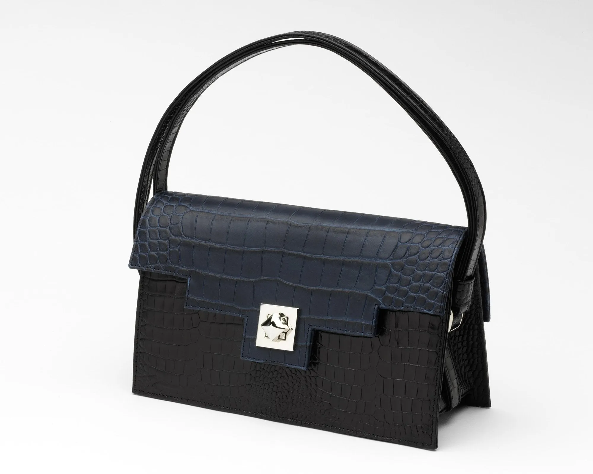 Quoin Handbag - Medium - Black Croc with additional Flap