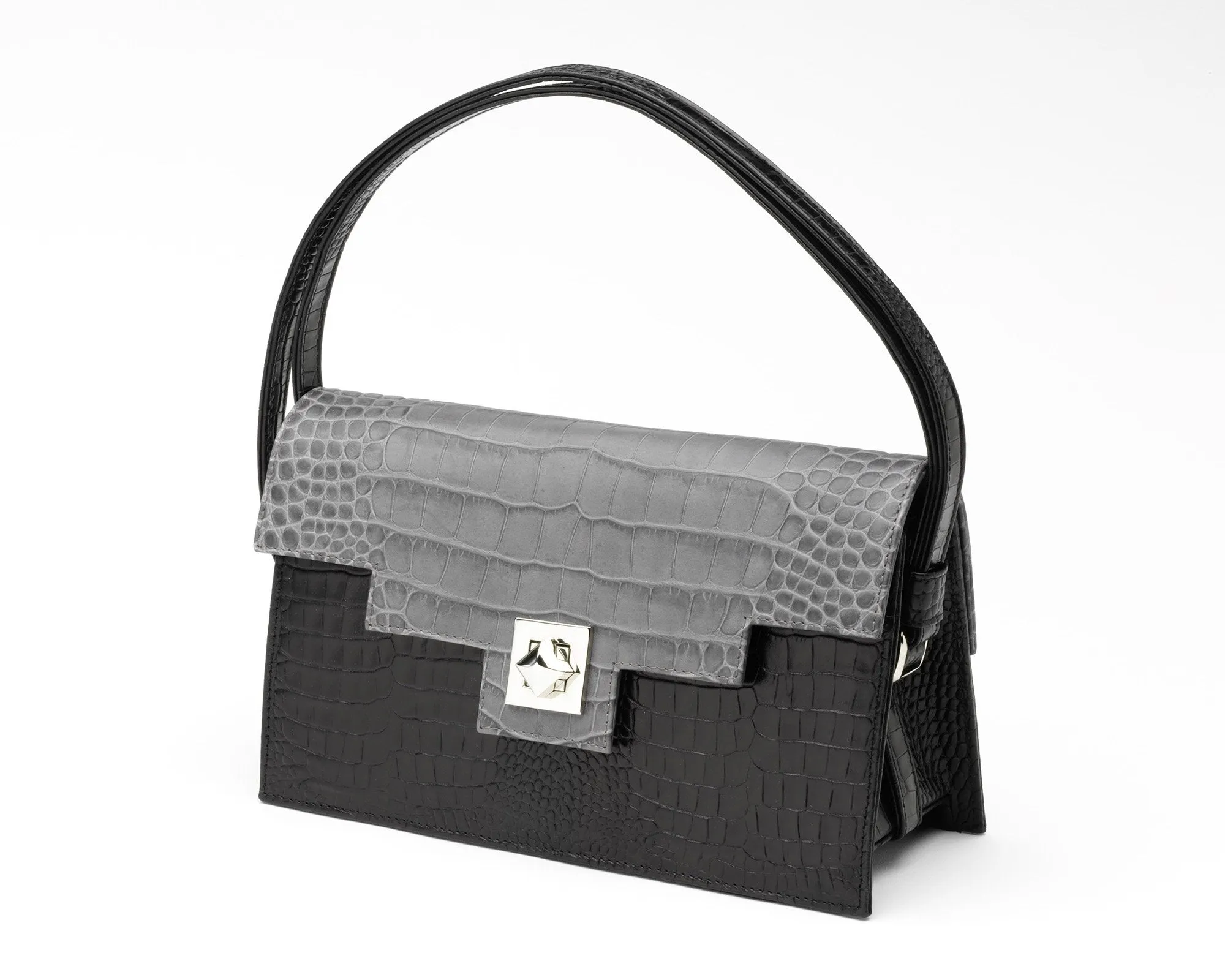 Quoin Handbag - Medium - Black Croc with additional Flap