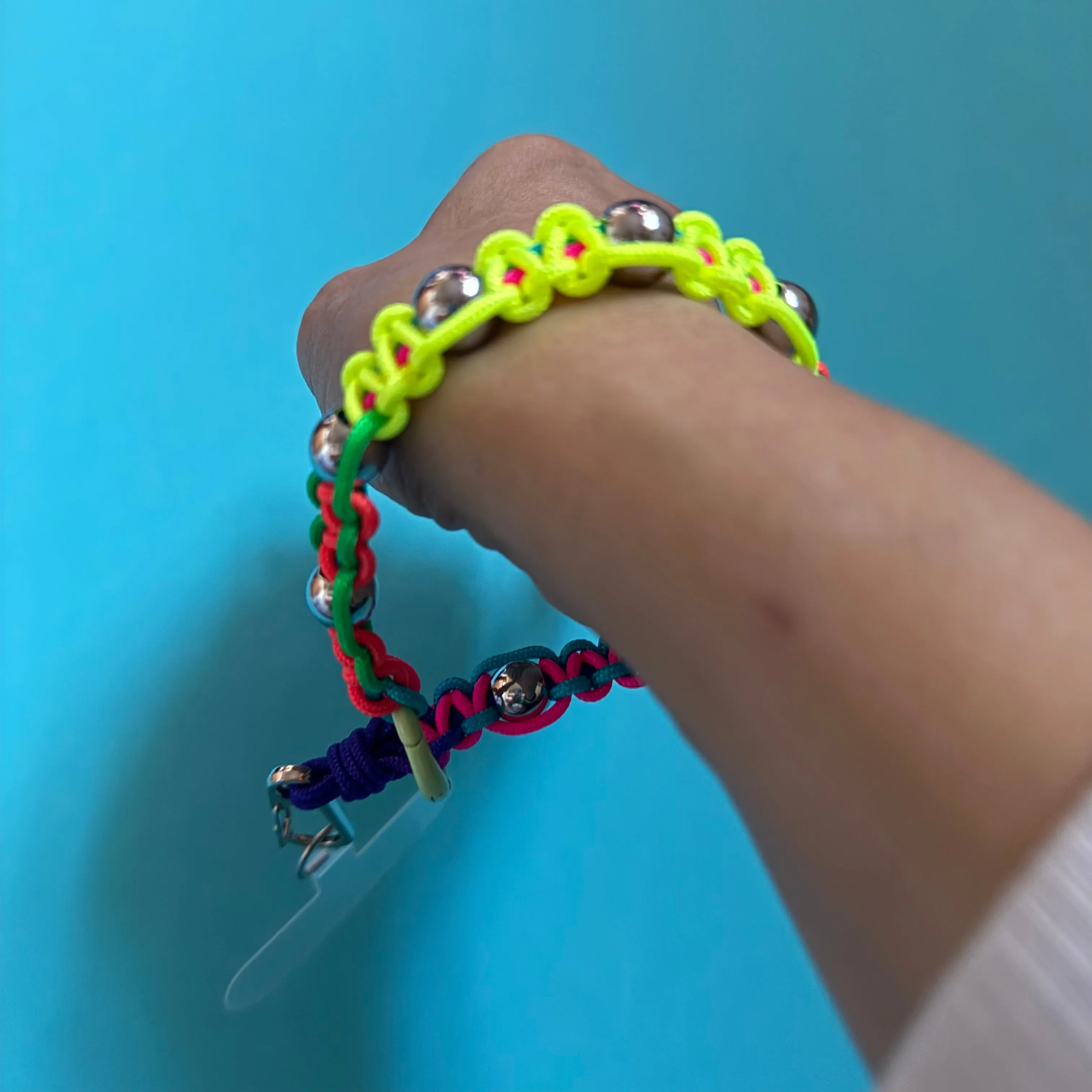 Rainbow cord and metal bead paracord wristlet phone strap