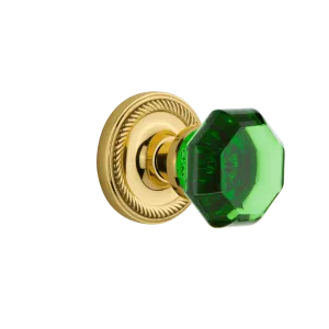 Rope Rosette with Emerald Waldorf Knob in Unlacquered Brass