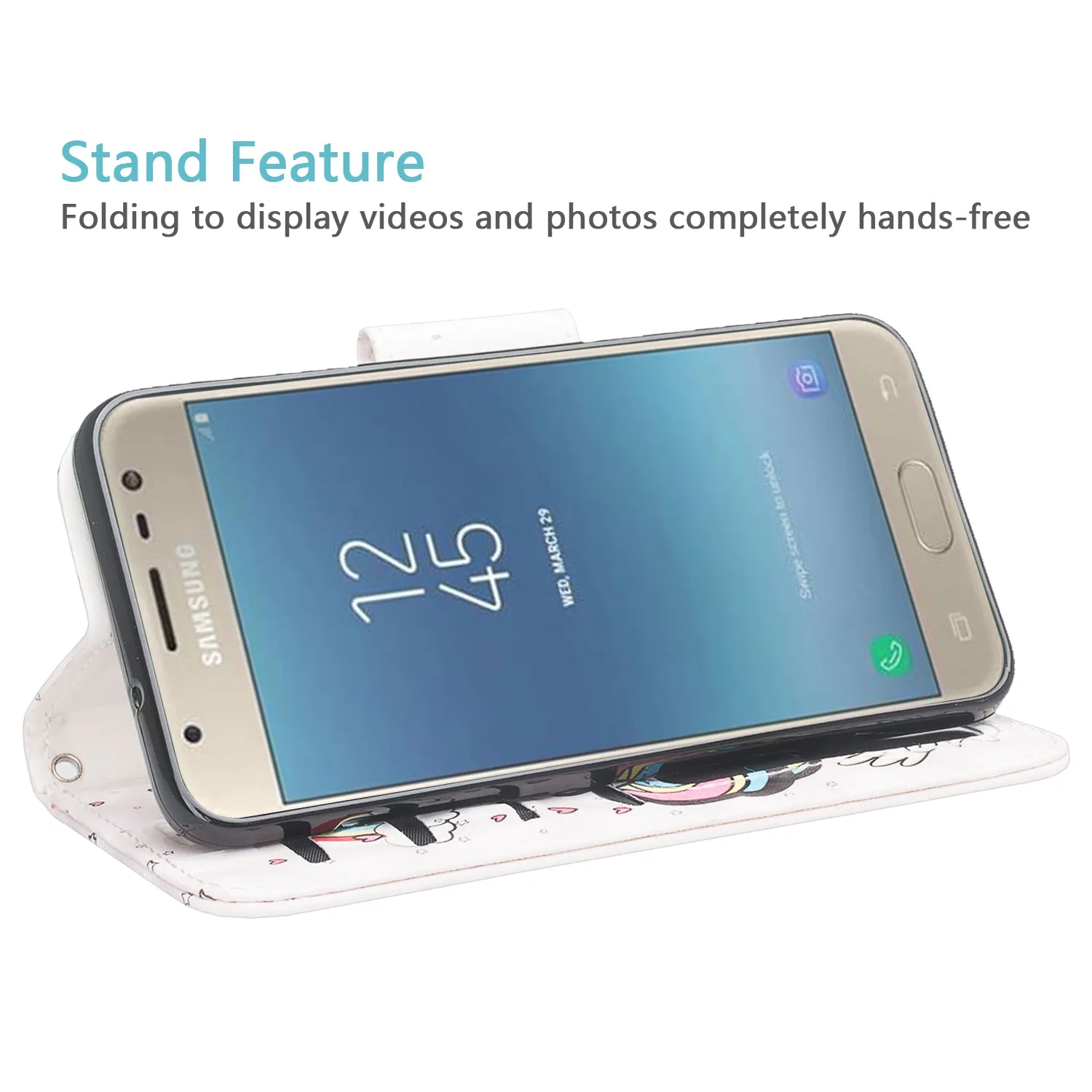 Samsung Galaxy J7 V 2nd Gen/J7 Crown/J7 Top/J7 2018/J7 Star/J7 Achieve/J7 Refine/J7 Aero/J7 Aura Case, Wrist Strap Pu Leather Wallet Case [Kickstand] with ID & Credit Card Slots - White Unicorn 2