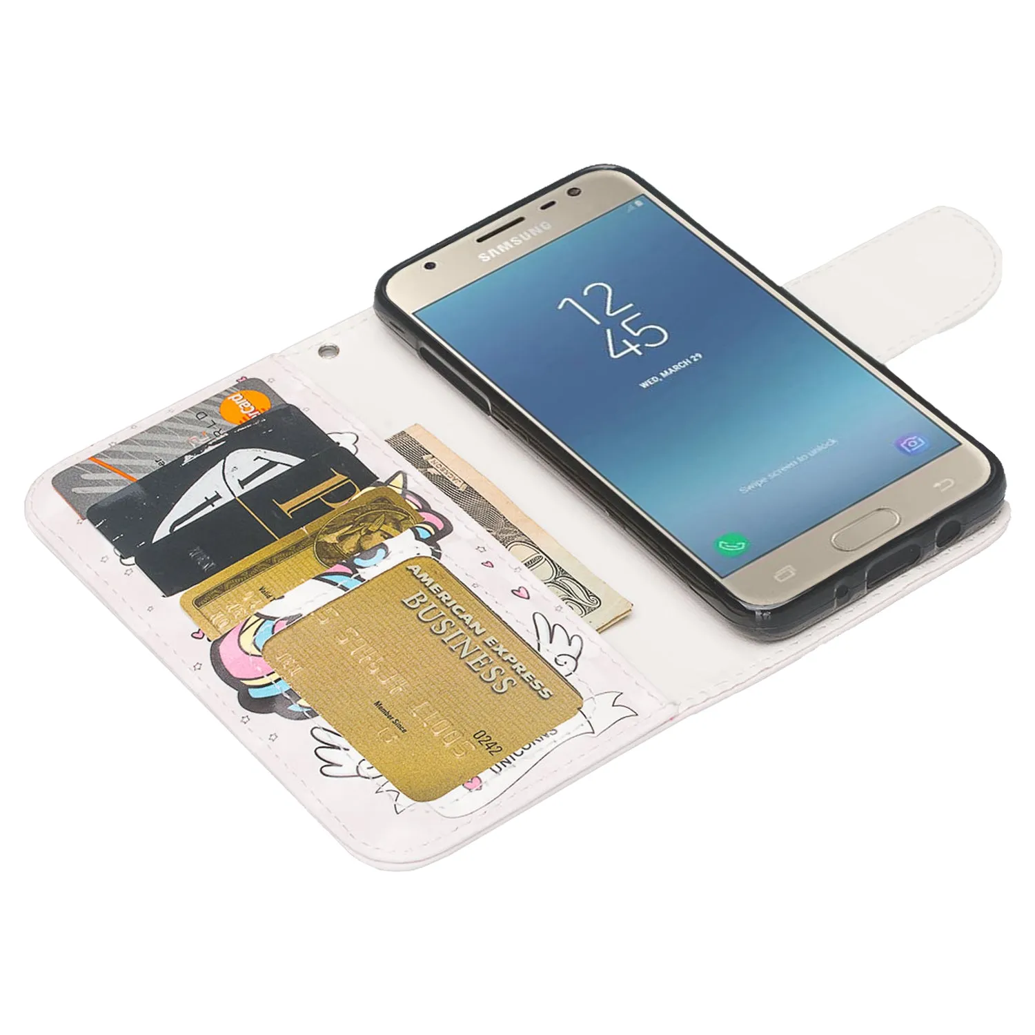 Samsung Galaxy J7 V 2nd Gen/J7 Crown/J7 Top/J7 2018/J7 Star/J7 Achieve/J7 Refine/J7 Aero/J7 Aura Case, Wrist Strap Pu Leather Wallet Case [Kickstand] with ID & Credit Card Slots - White Unicorn 2