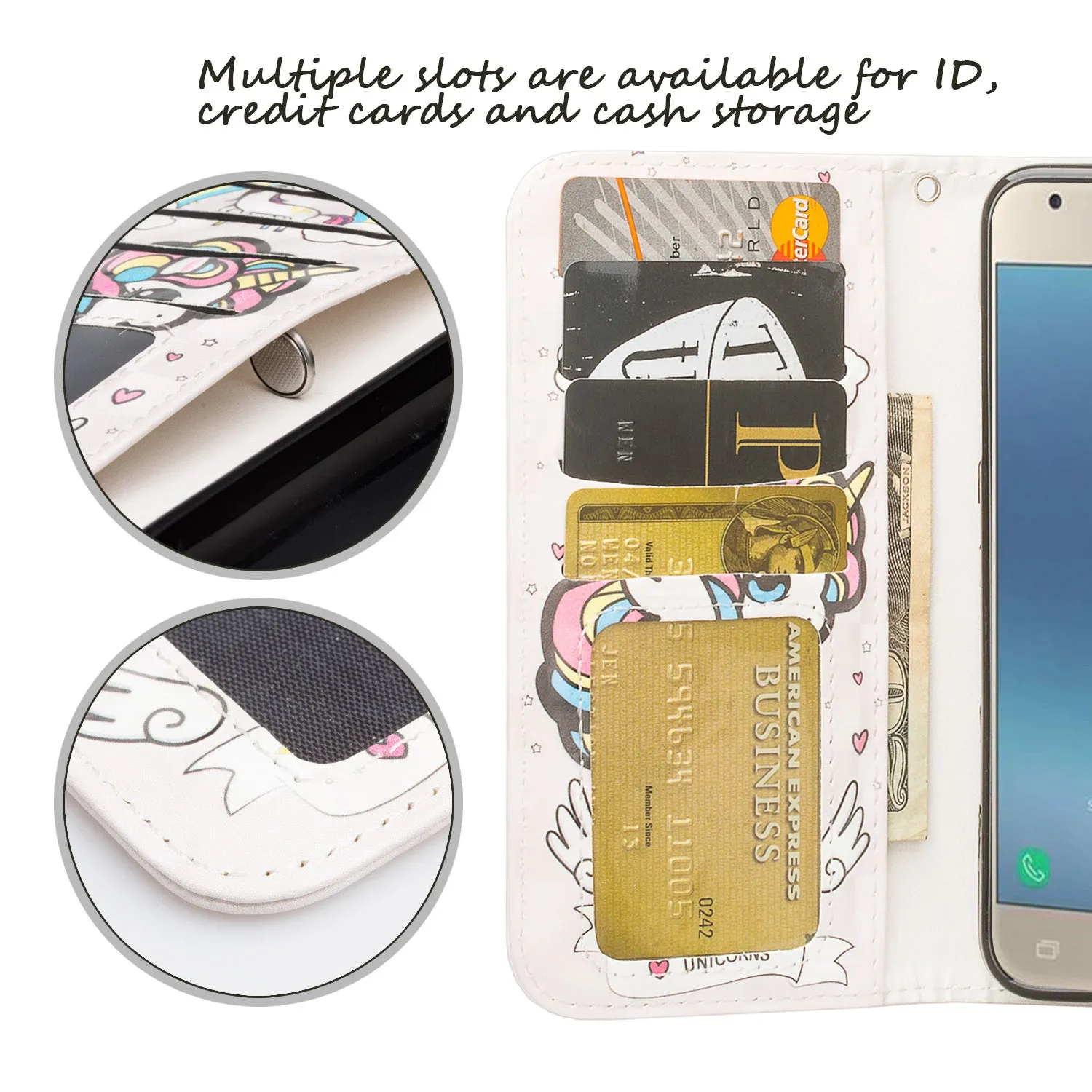 Samsung Galaxy J7 V 2nd Gen/J7 Crown/J7 Top/J7 2018/J7 Star/J7 Achieve/J7 Refine/J7 Aero/J7 Aura Case, Wrist Strap Pu Leather Wallet Case [Kickstand] with ID & Credit Card Slots - White Unicorn 2
