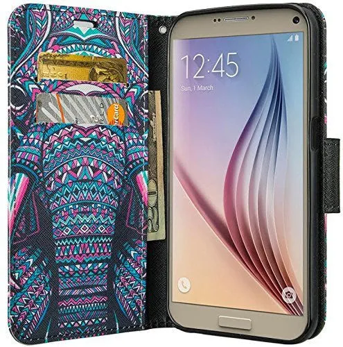 Samsung Galaxy S6 Edge Plus Wallet Case, Wrist Strap Magnetic Fold Folio[Kickstand] Pu Leather with ID & Card Slots for Galaxy S6 Edge Plus - Tribal Elephant