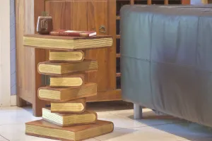 Side Table, corner Stool, Plant Stand Raintree Wood Natural Finish-Book Stack stool Gold pages