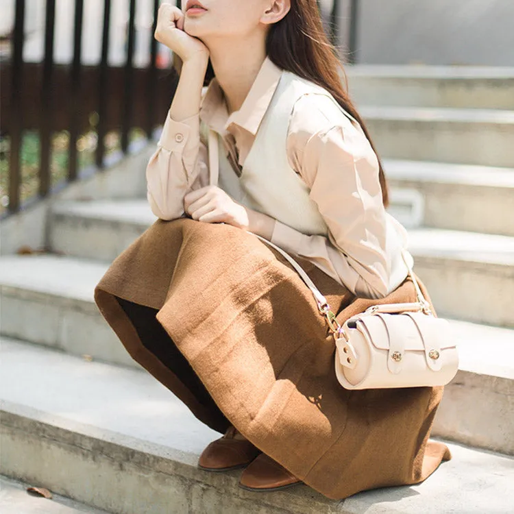 Small Womens Leather Barrel Crossbody Bags Leather Handbags for Women