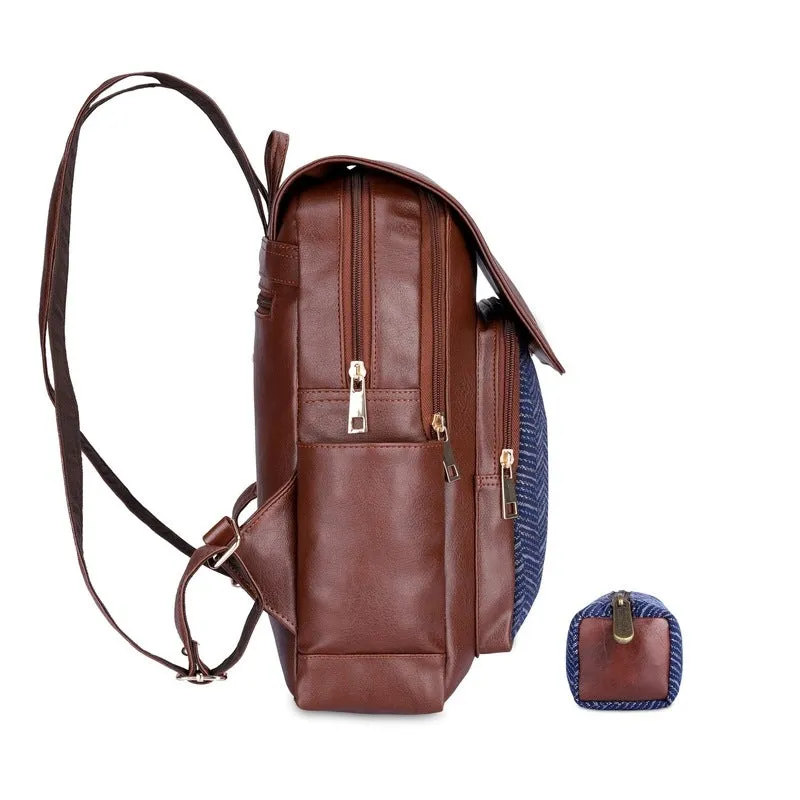 THE CLOWNFISH 10 Litres Medium Size Combo Of Minerva Faux Leather & Tapestry Women's Backpack College Girls Bag Casual Travel Backpack For Ladies & Expert Series Pencil Pouch Pen Case (Blue-Stripes)