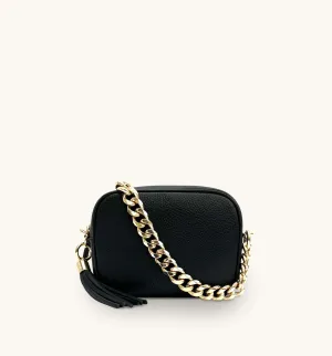 The Tassel Black Leather Crossbody Bag With Gold Chain Strap