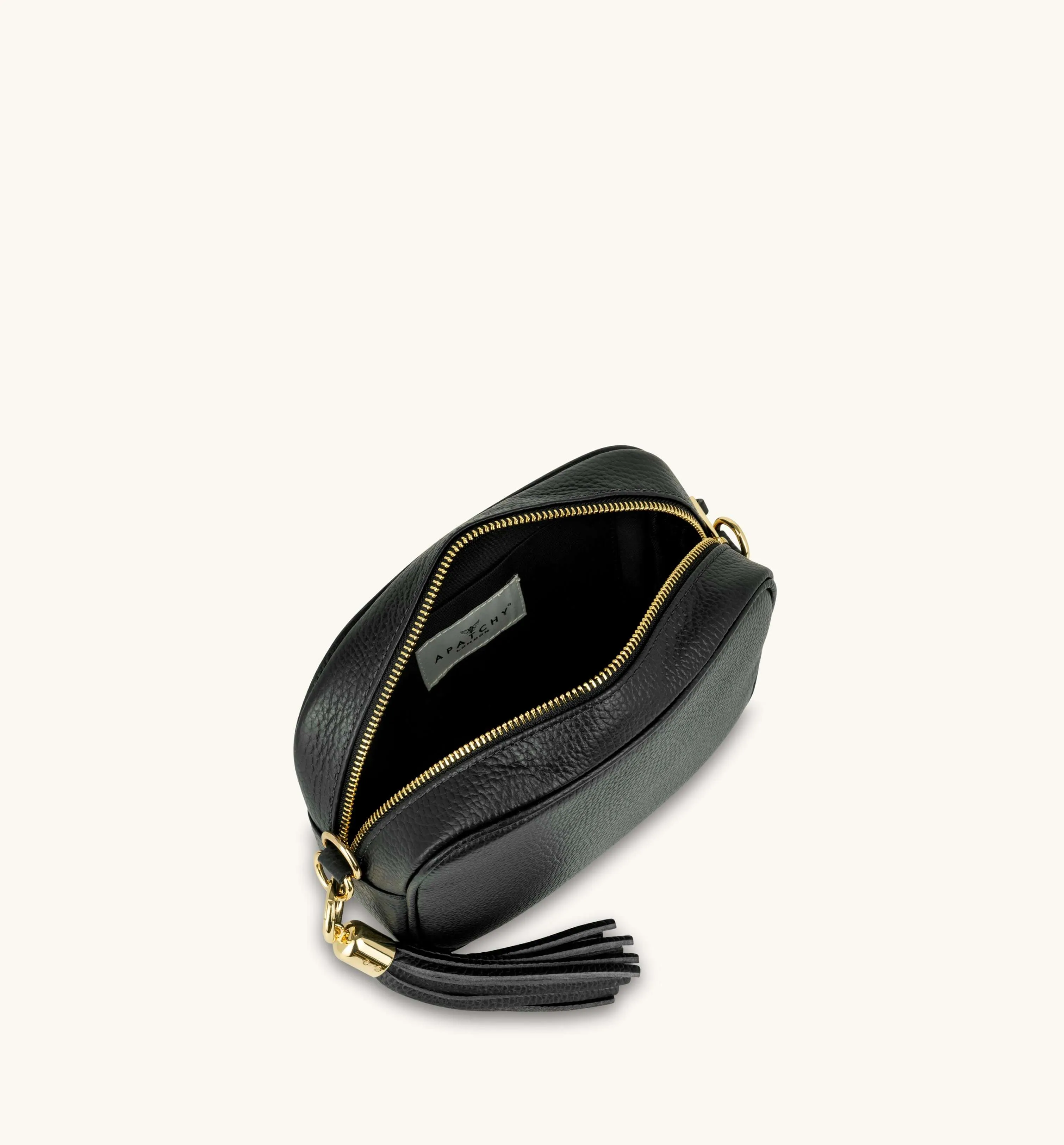 The Tassel Black Leather Crossbody Bag With Midnight Zigzag Strap