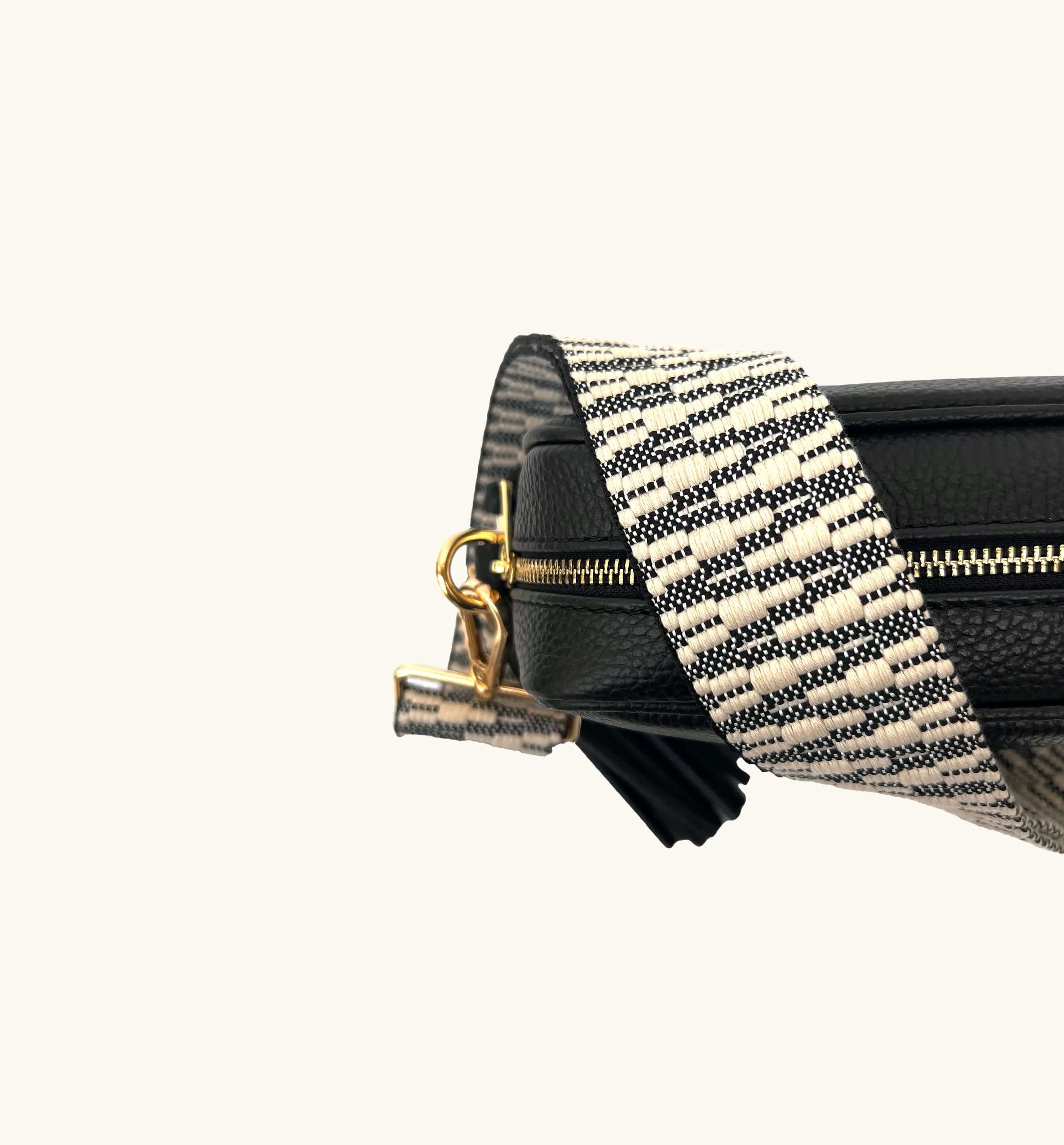 The Tassel Black Leather Crossbody Bag With Midnight Zigzag Strap