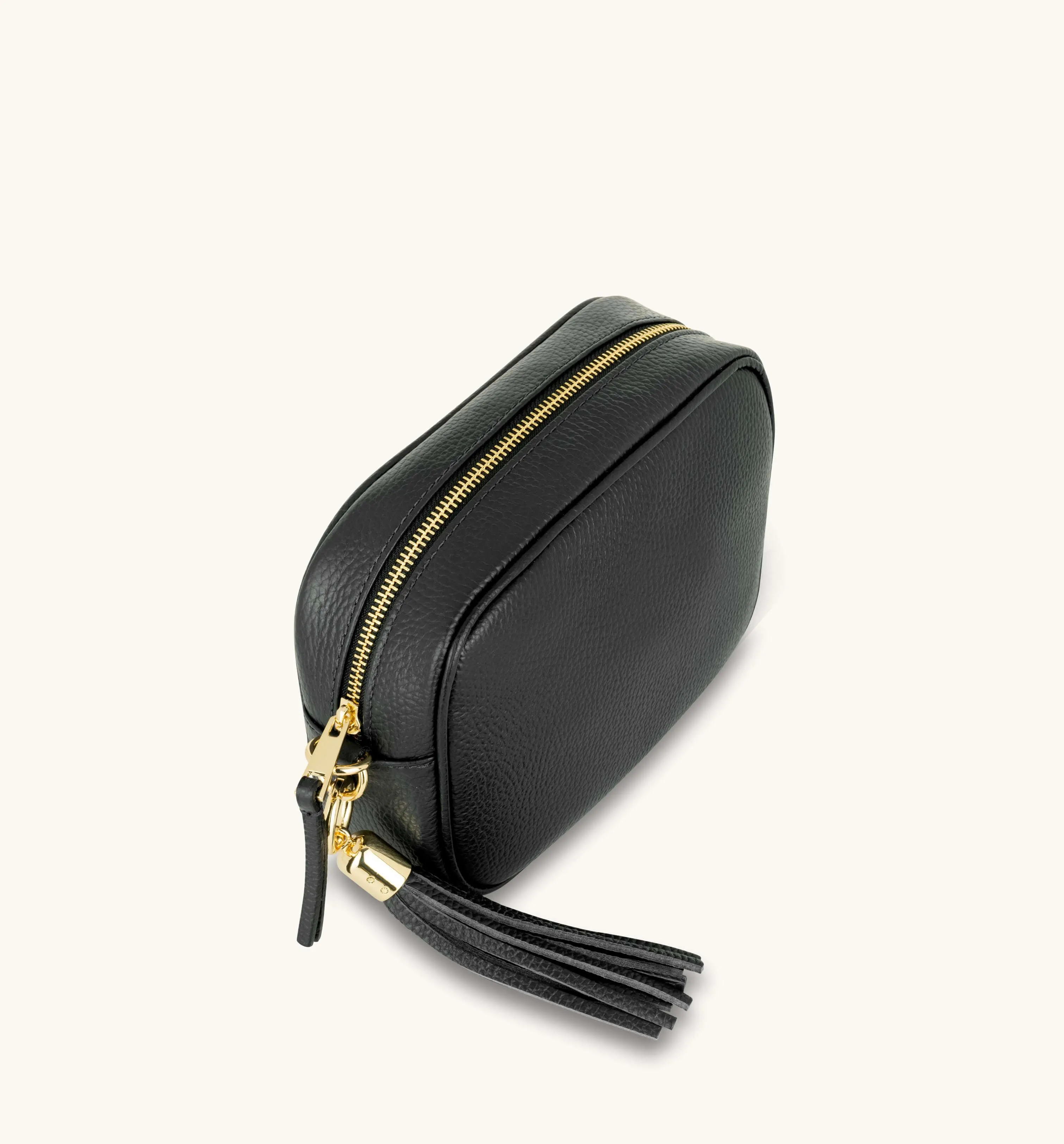 The Tassel Black Leather Crossbody Bag With Midnight Zigzag Strap