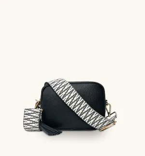 The Tassel Black Leather Crossbody Bag With Midnight Zigzag Strap