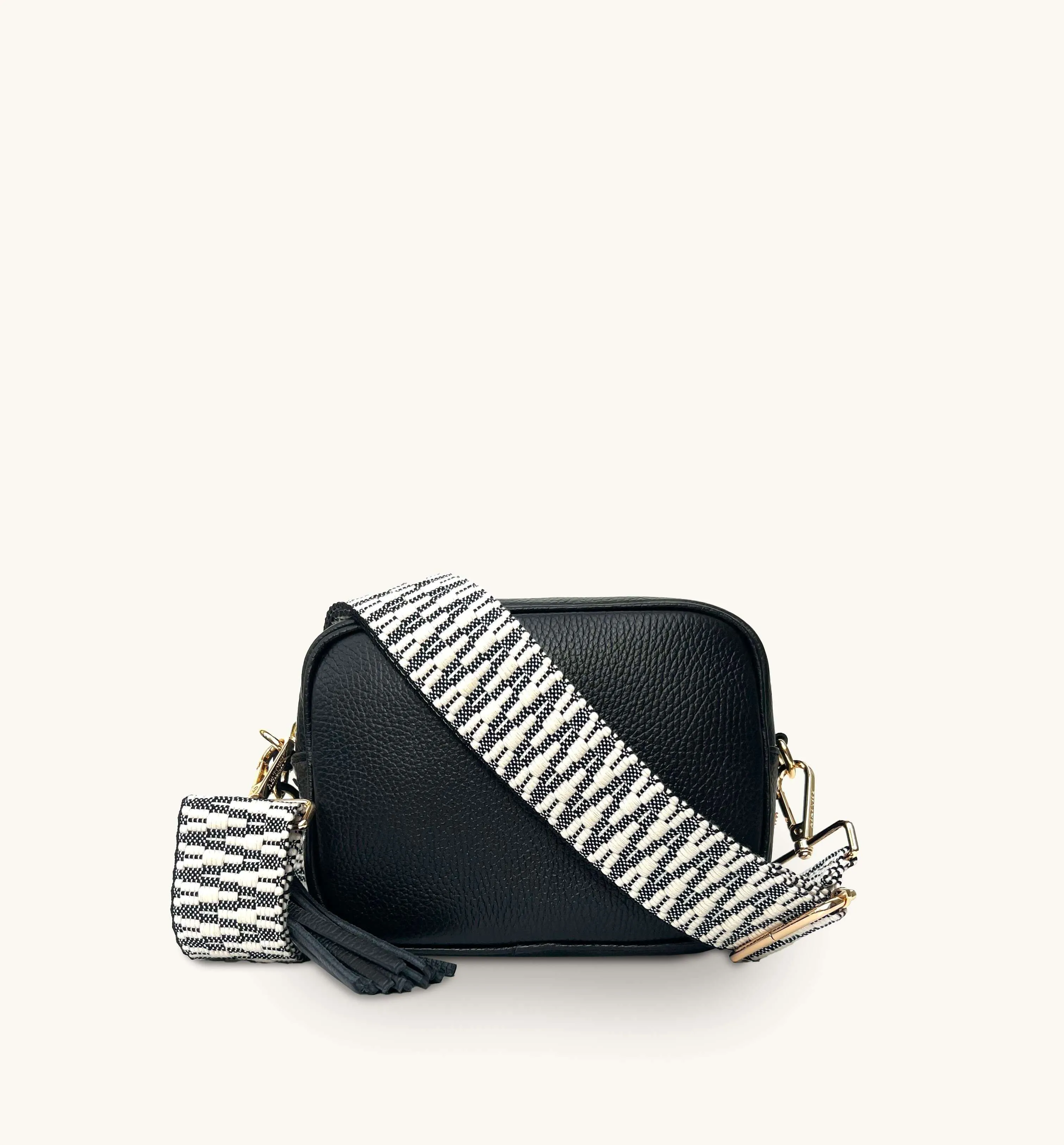 The Tassel Black Leather Crossbody Bag With Midnight Zigzag Strap