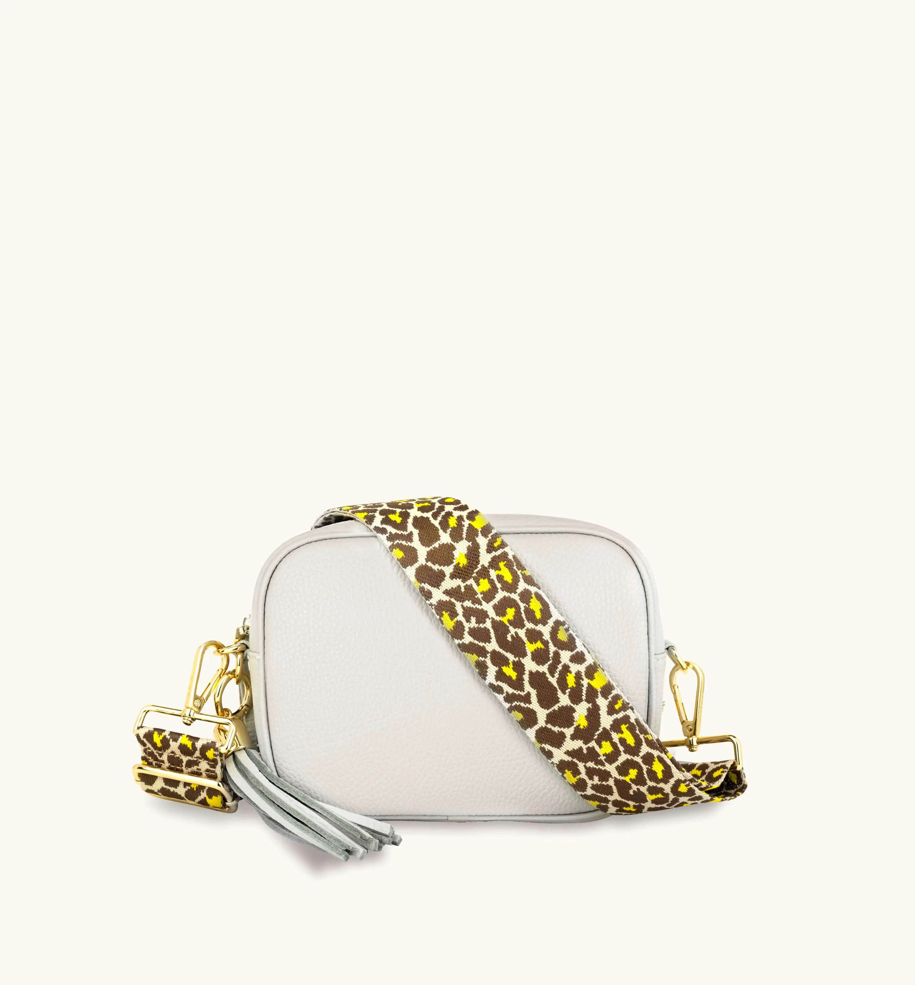 The Tassel Light Grey Leather Crossbody Bag With Lemon Cheetah Strap