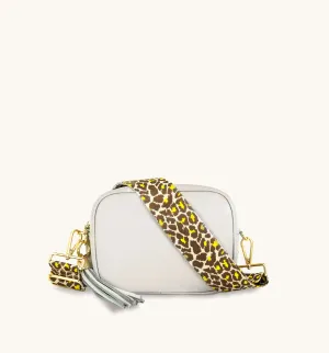 The Tassel Light Grey Leather Crossbody Bag With Lemon Cheetah Strap