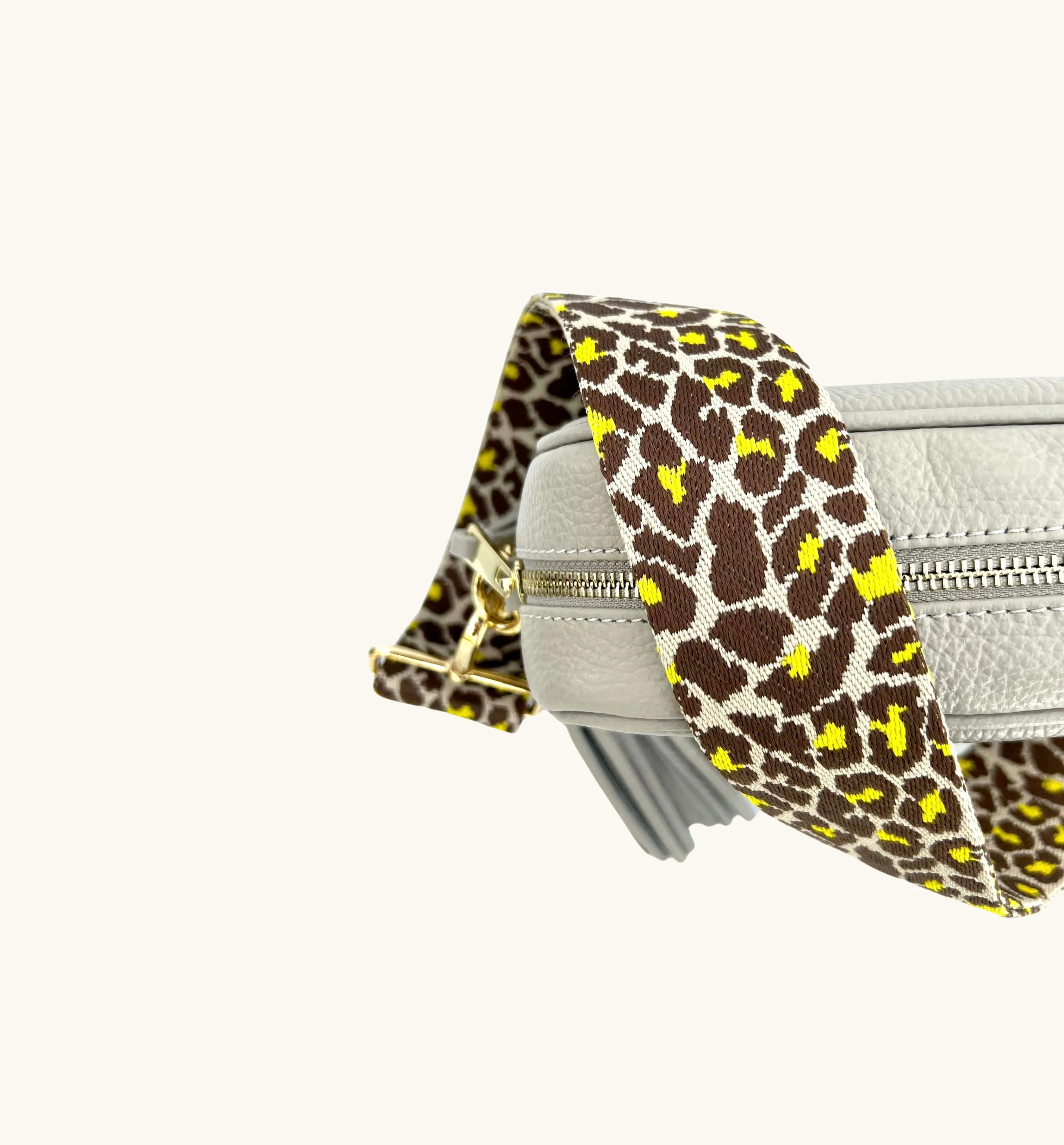 The Tassel Light Grey Leather Crossbody Bag With Lemon Cheetah Strap