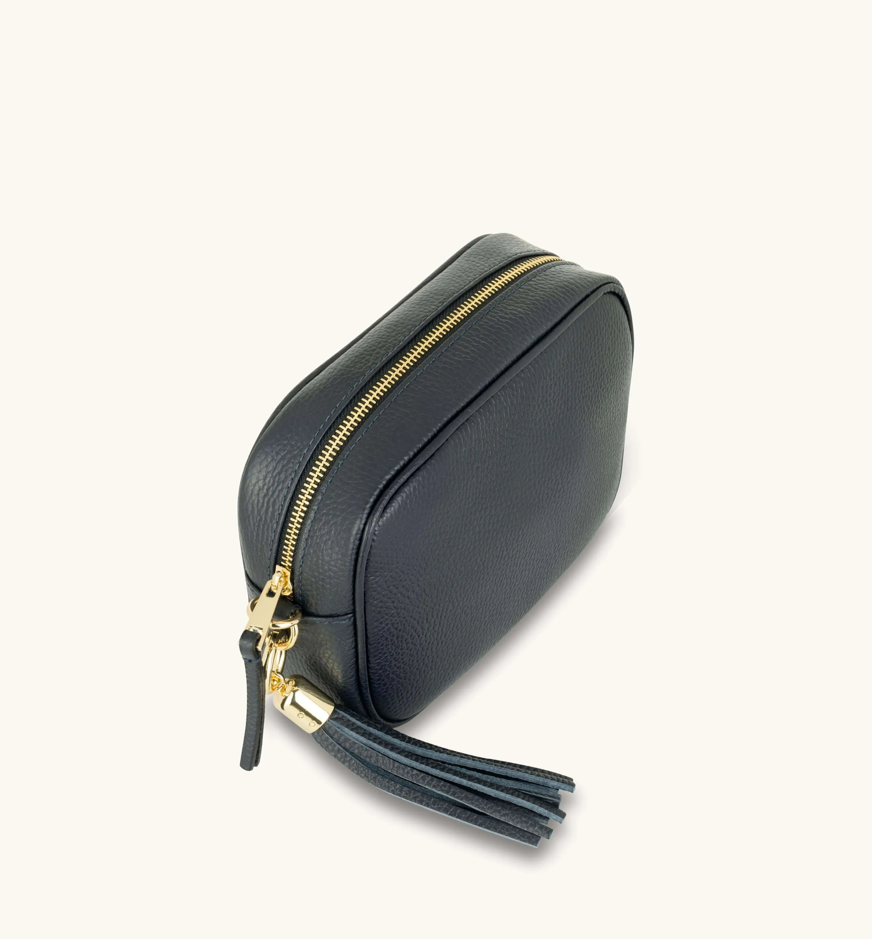 The Tassel Navy Leather Crossbody Bag With Grey Leopard Strap
