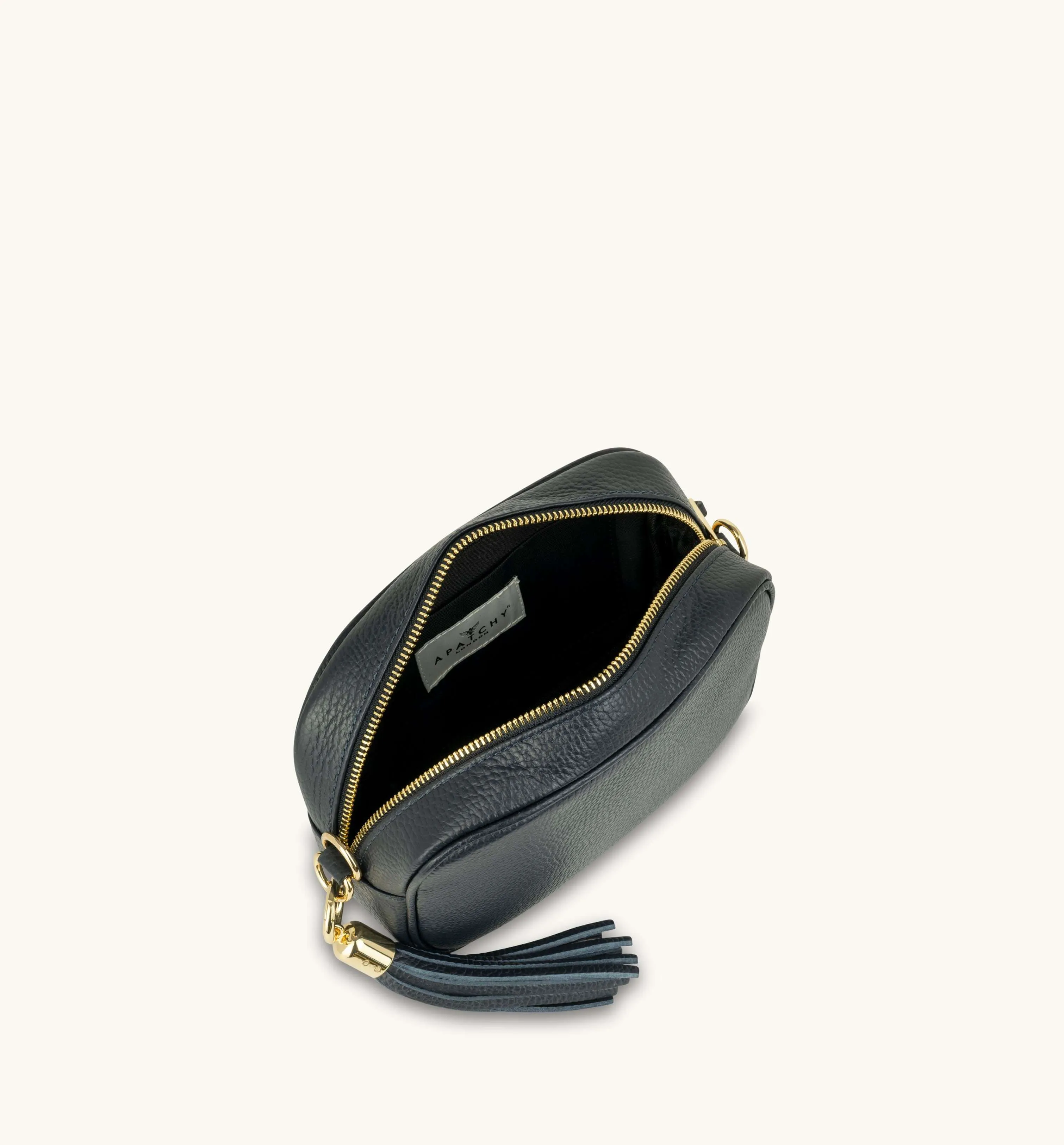 The Tassel Navy Leather Crossbody Bag With Grey Leopard Strap