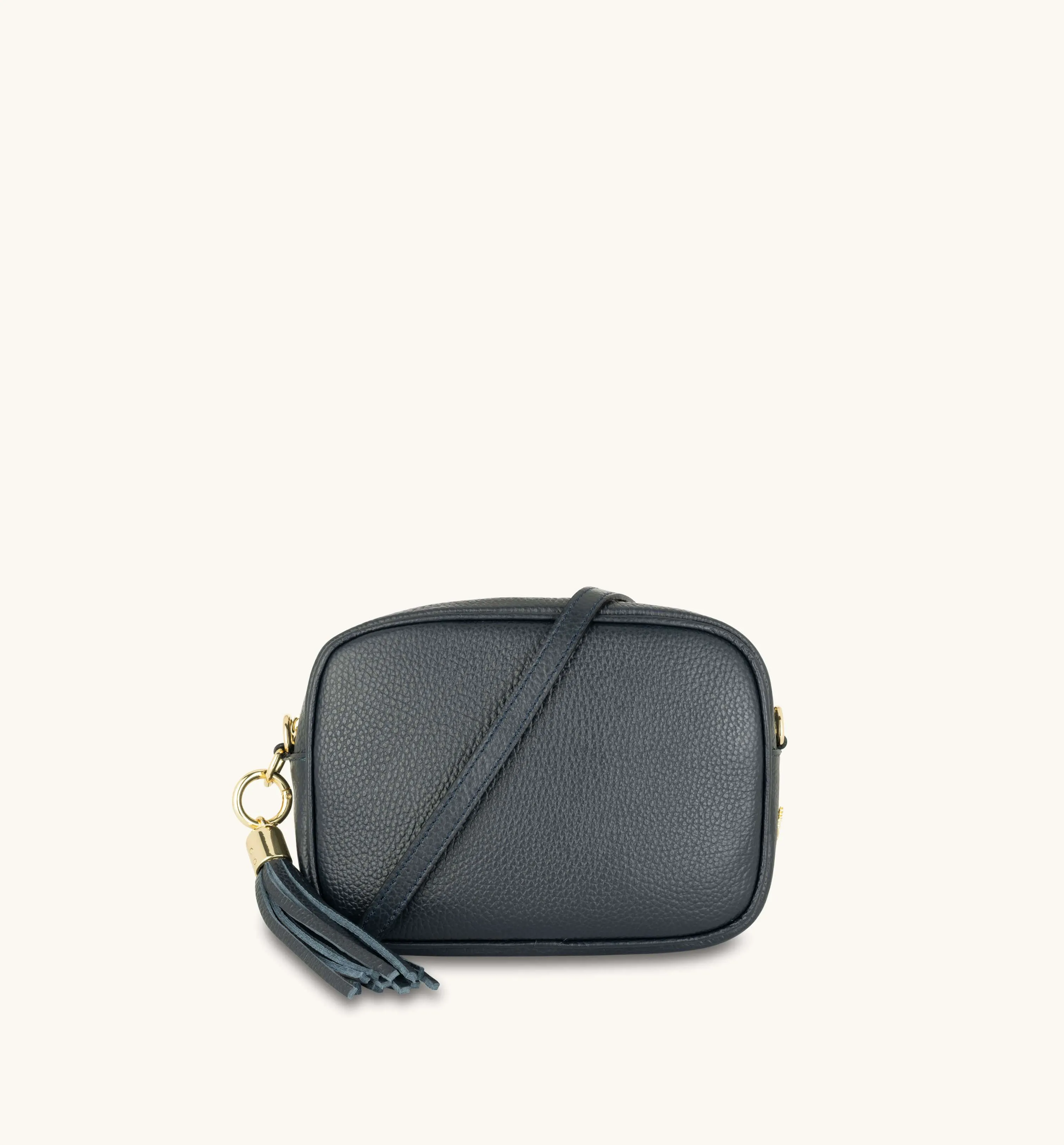 The Tassel Navy Leather Crossbody Bag With Grey Leopard Strap