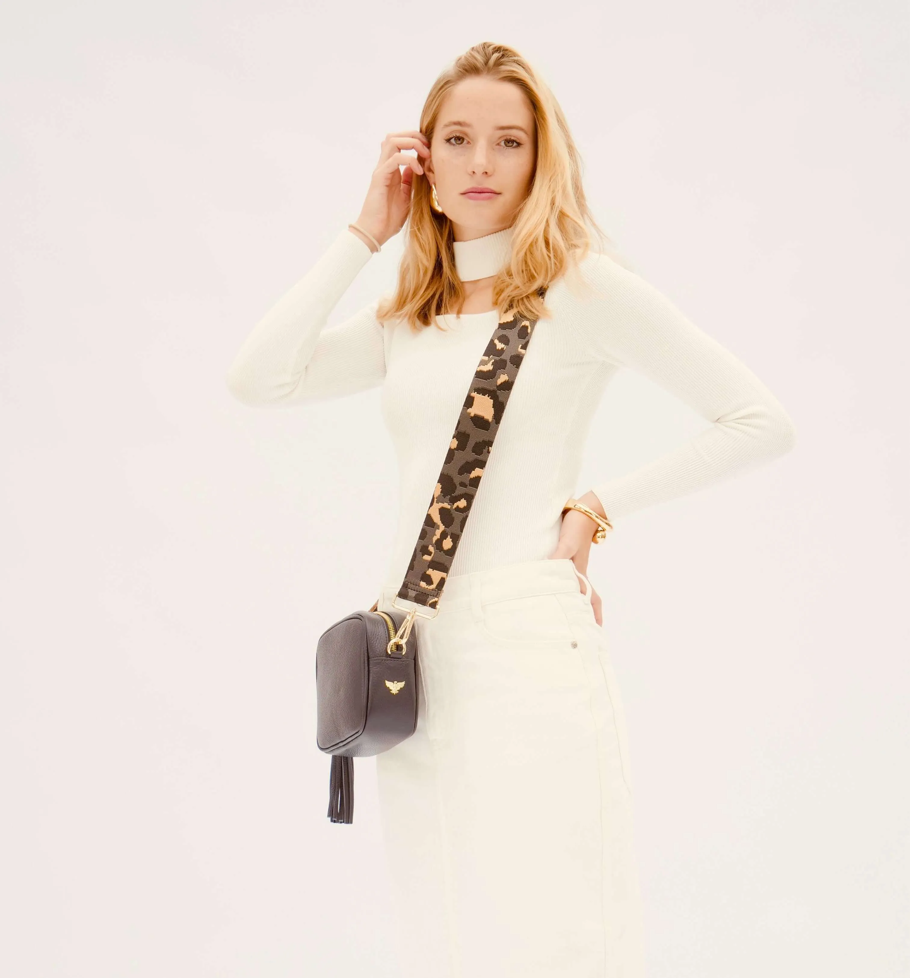 The Tassel Navy Leather Crossbody Bag With Grey Leopard Strap