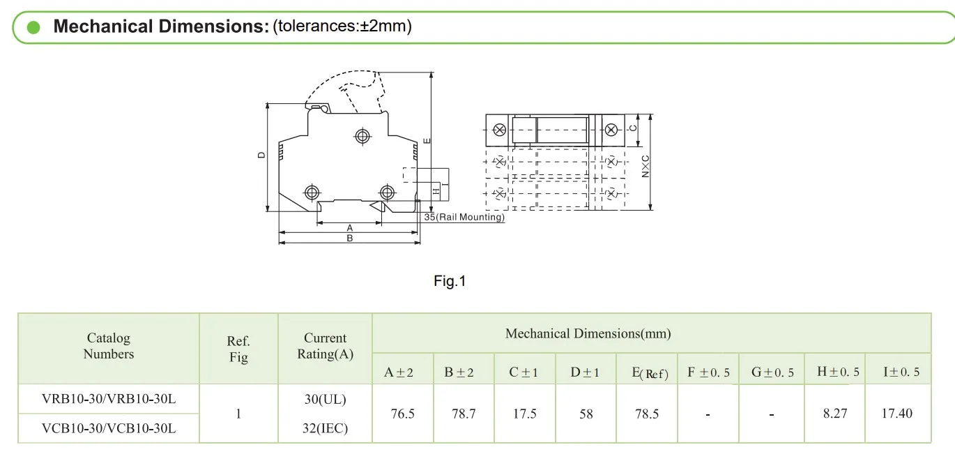 VCB10-30 1P, DIN Rail Mount Fuse Holder Single Pole for 10.3 x 38mm, 1000VDC Solar gPV Fuse