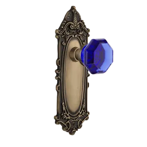Victorian Long Plate with Cobalt Waldorf Knob in Antique Brass