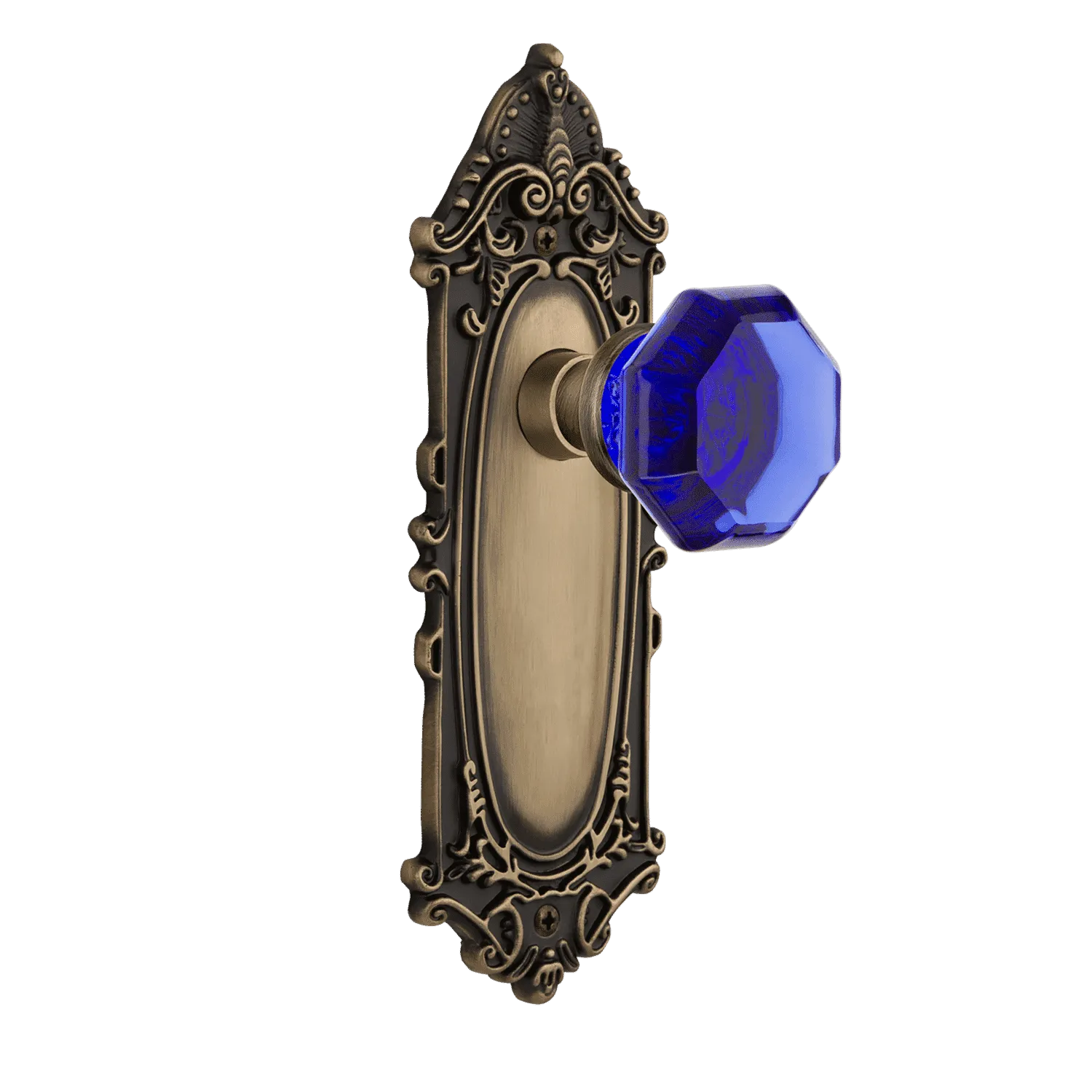 Victorian Long Plate with Cobalt Waldorf Knob in Antique Brass