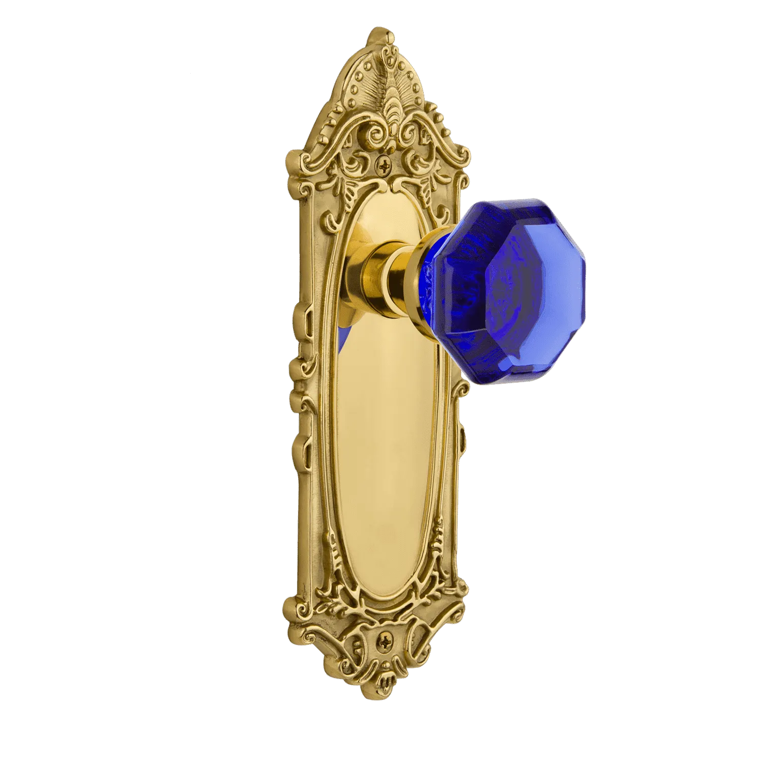 Victorian Long Plate with Cobalt Waldorf Knob in Polished Brass