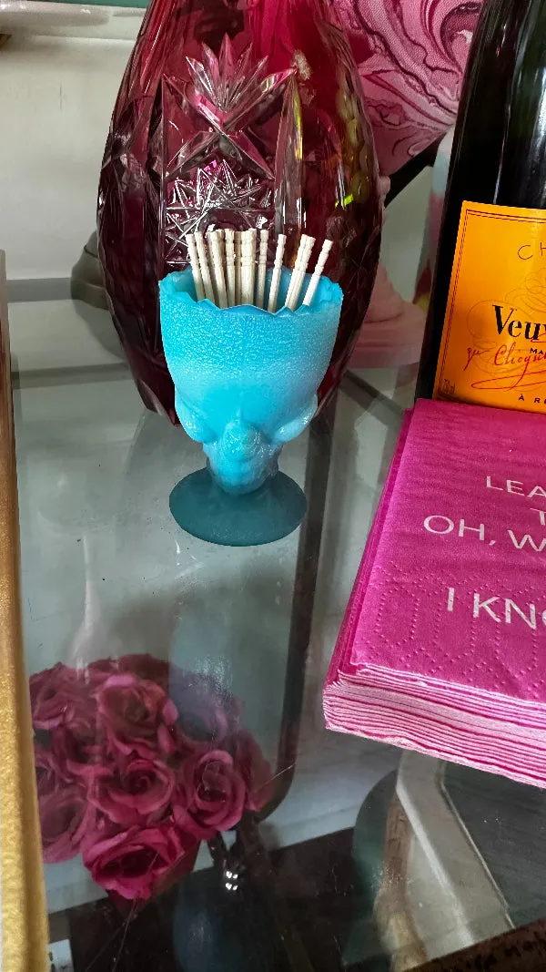 Vintage Chick Toothpick Holder, Blue Opaline Glass, Portieux Vallerysthal, Stamped