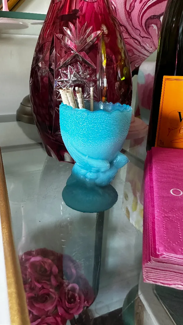 Vintage Chick Toothpick Holder, Blue Opaline Glass, Portieux Vallerysthal, Stamped