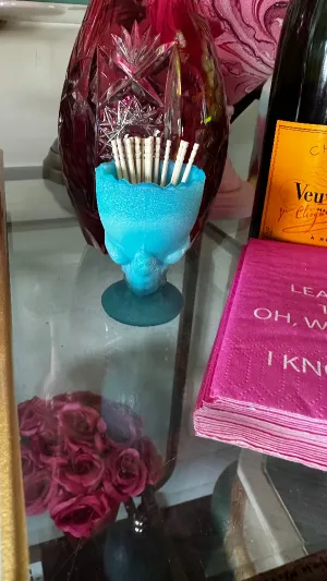 Vintage Chick Toothpick Holder, Blue Opaline Glass, Portieux Vallerysthal, Stamped