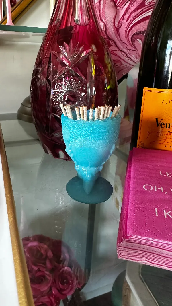 Vintage Chick Toothpick Holder, Blue Opaline Glass, Portieux Vallerysthal, Stamped