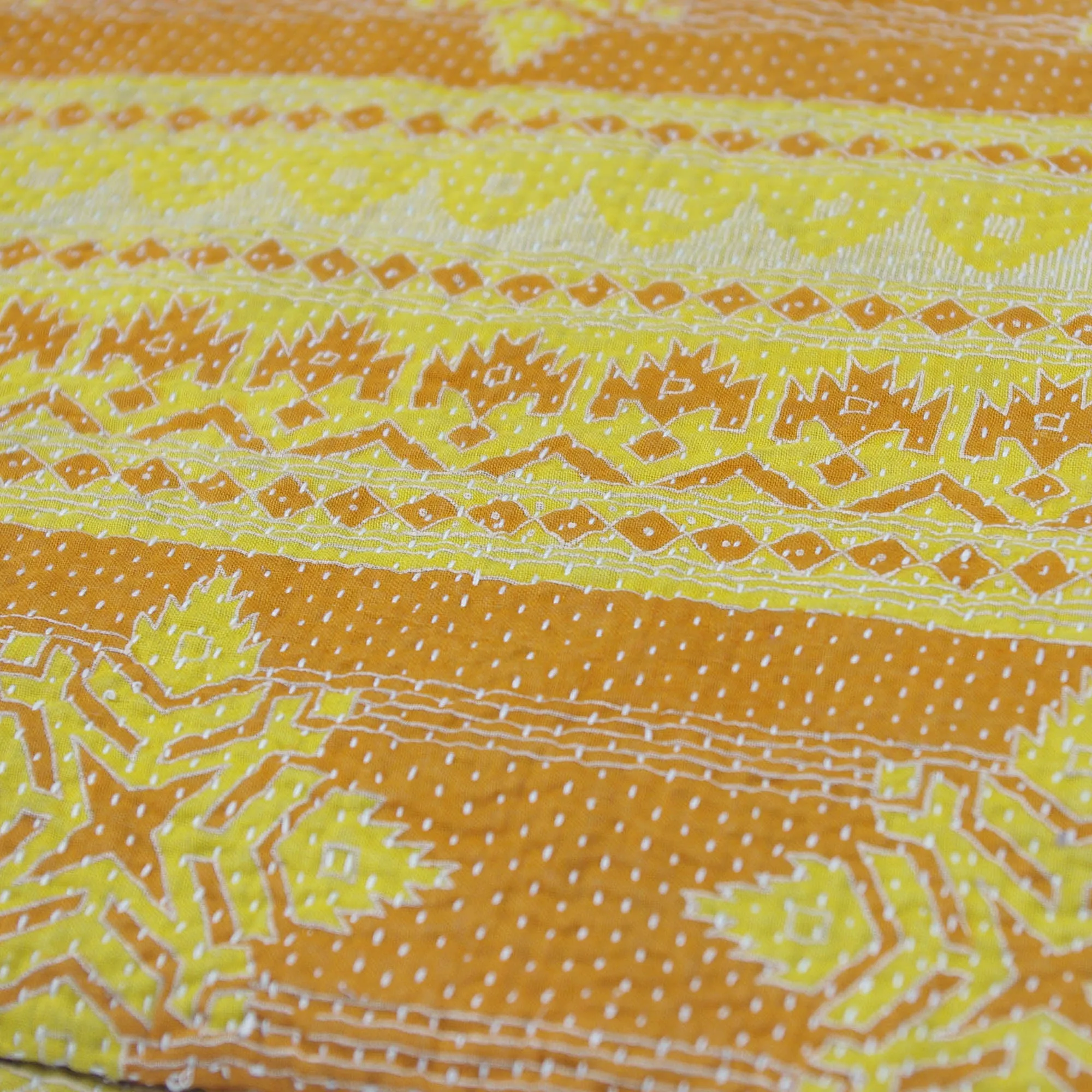 Vintage Fine Kantha Stitched Cotton Tote Bag- Brown Yellow