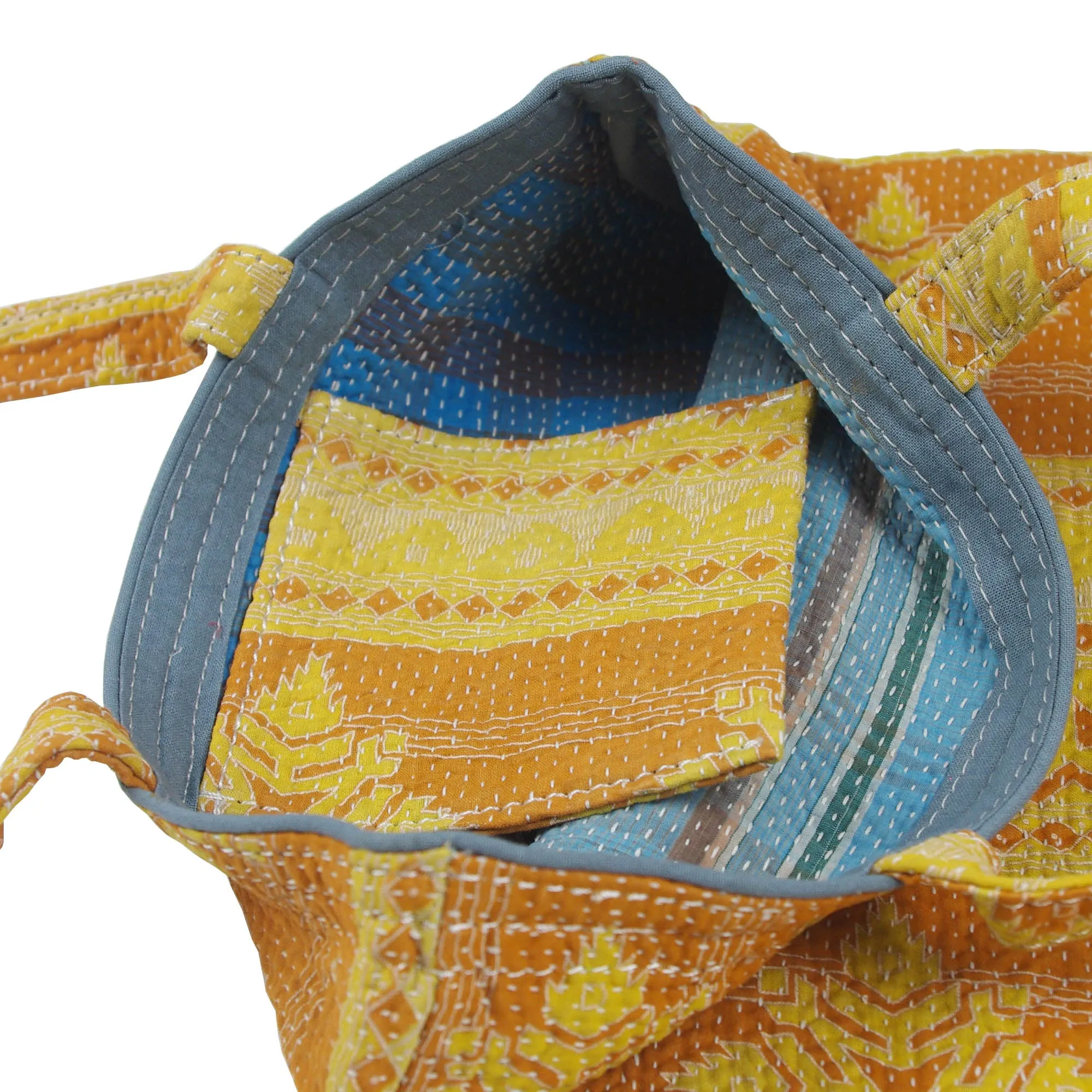 Vintage Fine Kantha Stitched Cotton Tote Bag- Brown Yellow