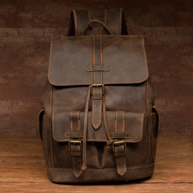 Vintage Leather Backpacks Travel with Trolley Sleeve