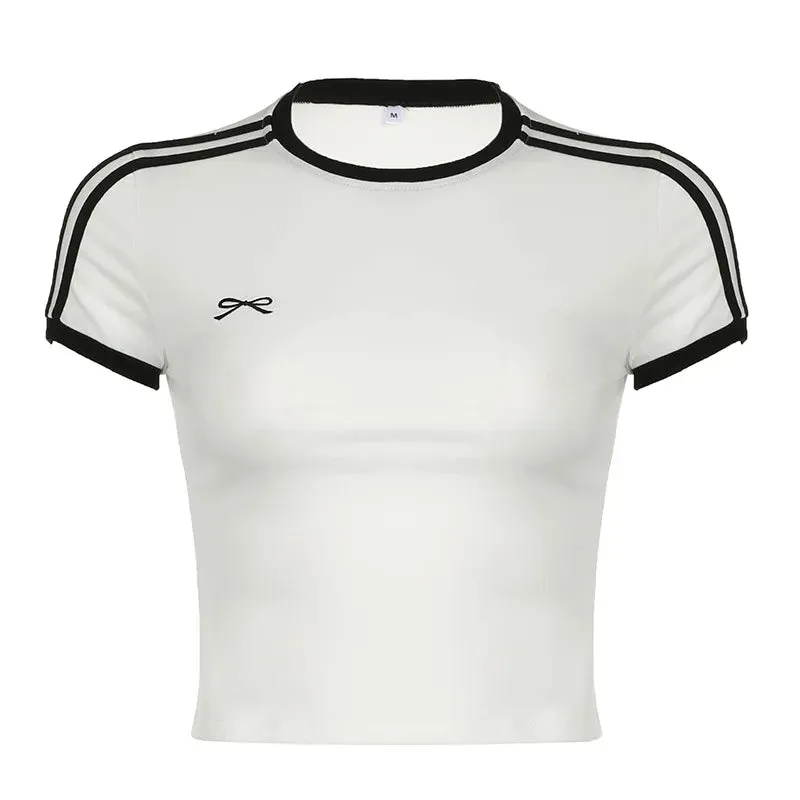 White Striped Stylish Bow Tee