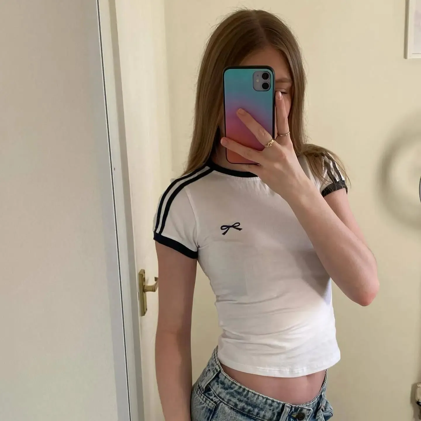 White Striped Stylish Bow Tee