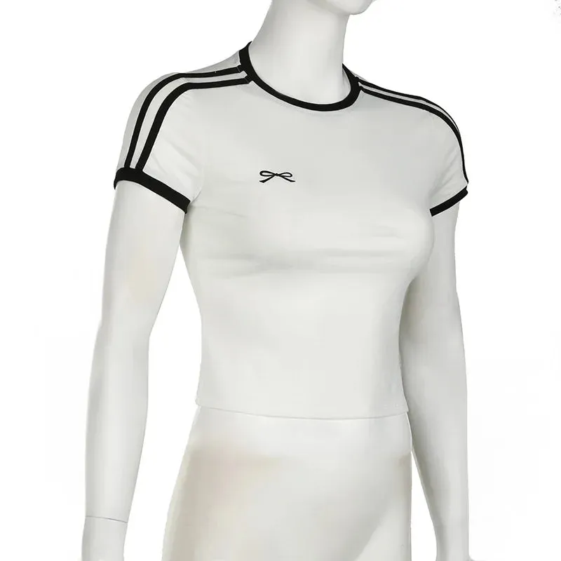 White Striped Stylish Bow Tee