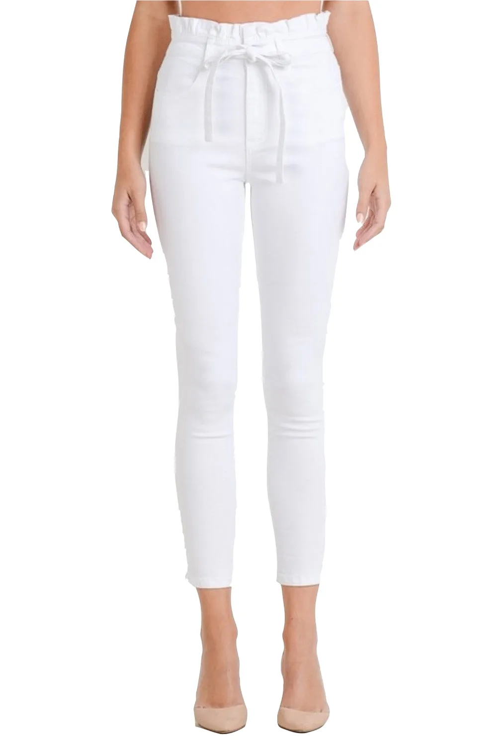 Womens Paper Bag High Waist With Self Tie Belt Denim Skinny Pants