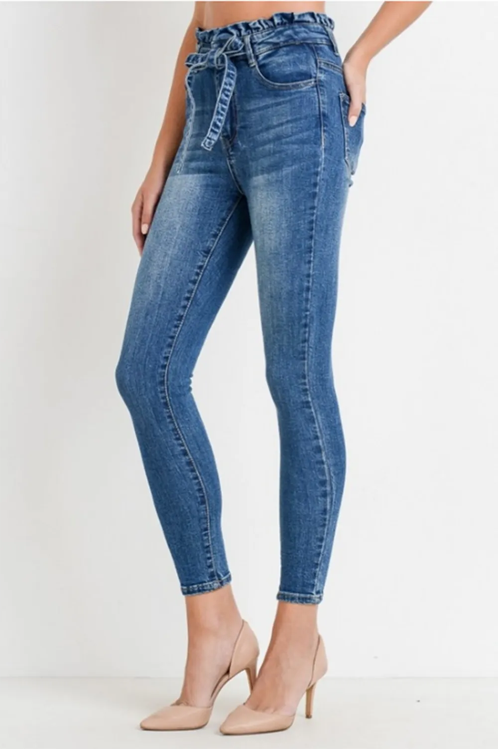 Womens Paper Bag High Waist With Self Tie Belt Denim Skinny Pants
