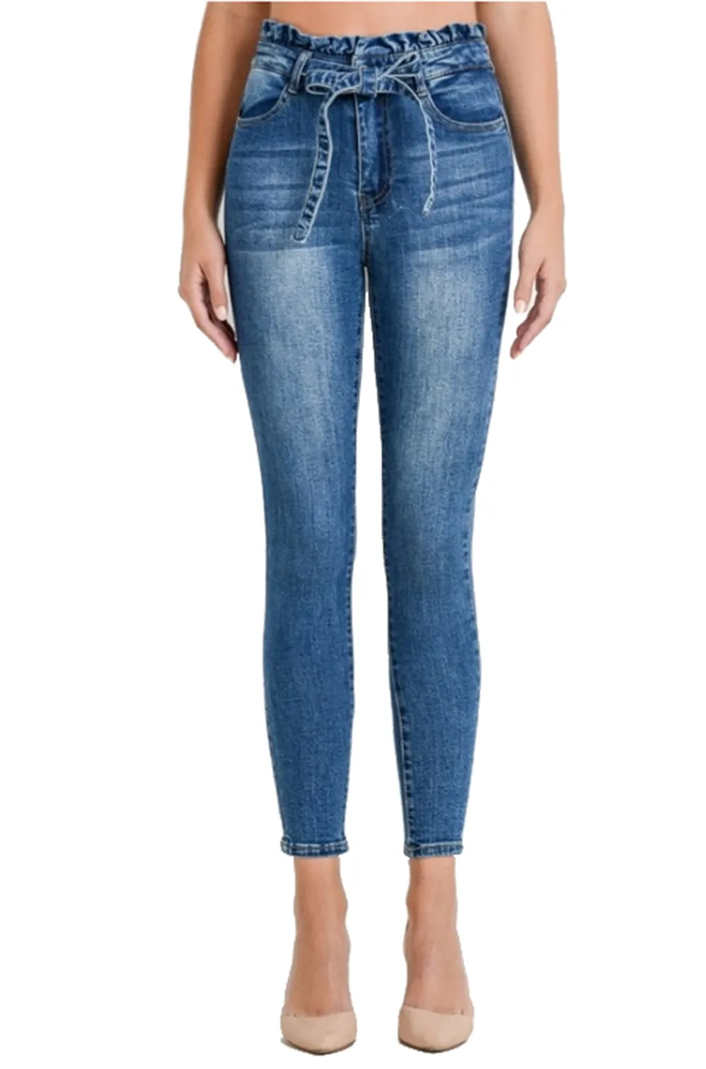 Womens Paper Bag High Waist With Self Tie Belt Denim Skinny Pants