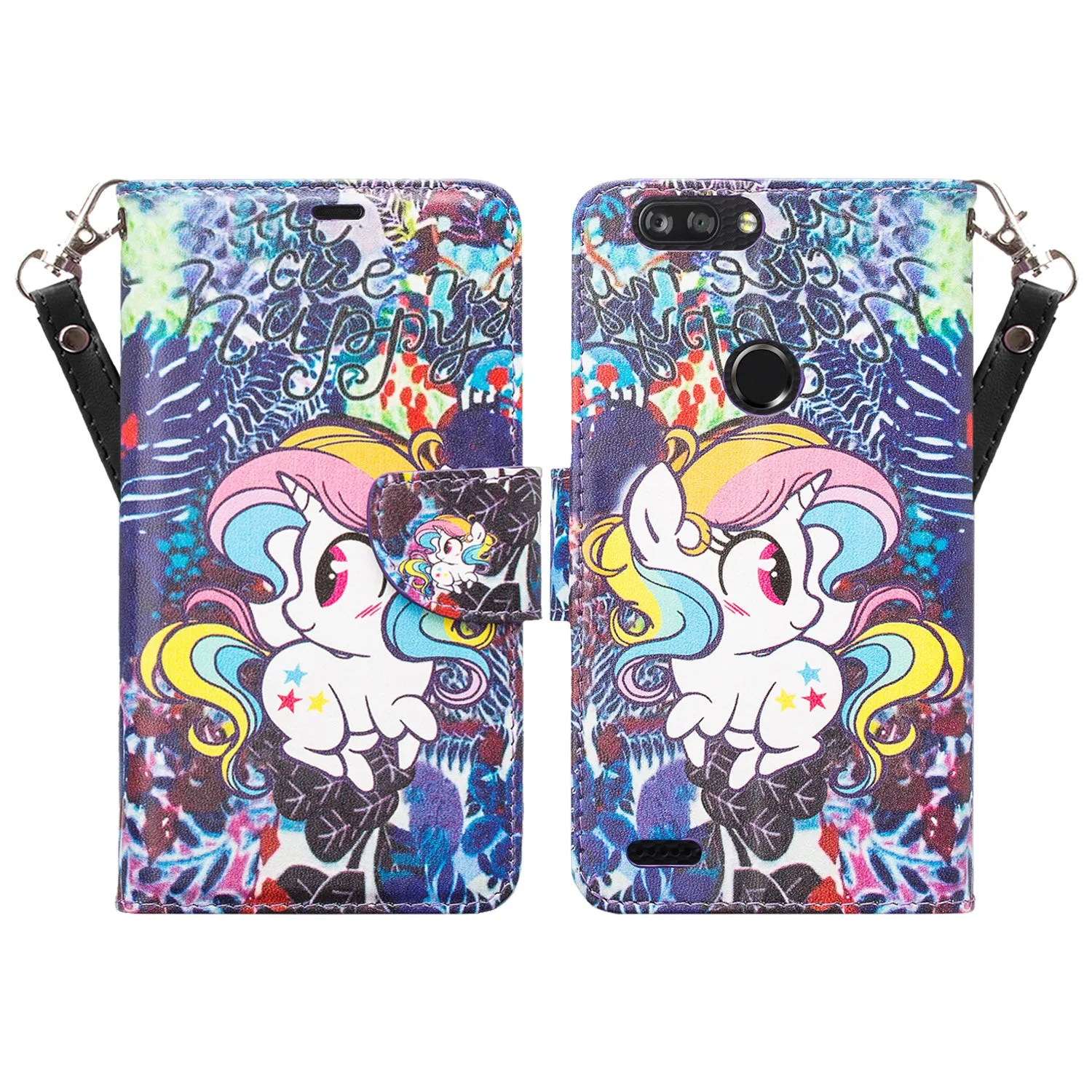 ZTE Sequoia | Blade Z Max | ZTE Z982 Case, Wrist Strap Pu Leather Magnetic Flip[Kickstand] Wallet Case Cover with ID & Card Slots - Rainbow Unicorn