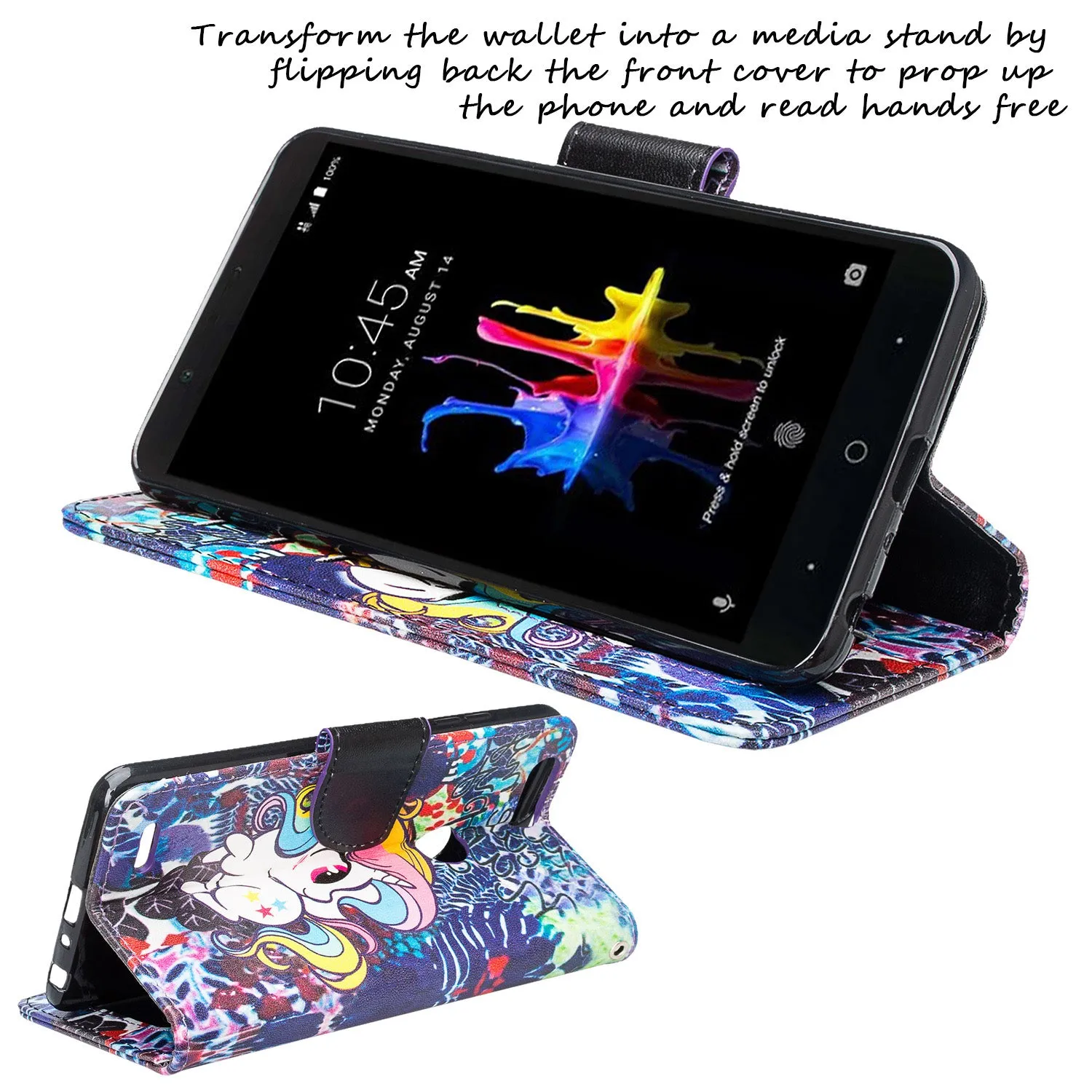 ZTE Sequoia | Blade Z Max | ZTE Z982 Case, Wrist Strap Pu Leather Magnetic Flip[Kickstand] Wallet Case Cover with ID & Card Slots - Rainbow Unicorn